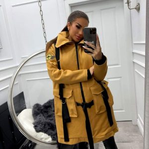 Miss City Ausgefallene Long Jacke In Senf Farbe